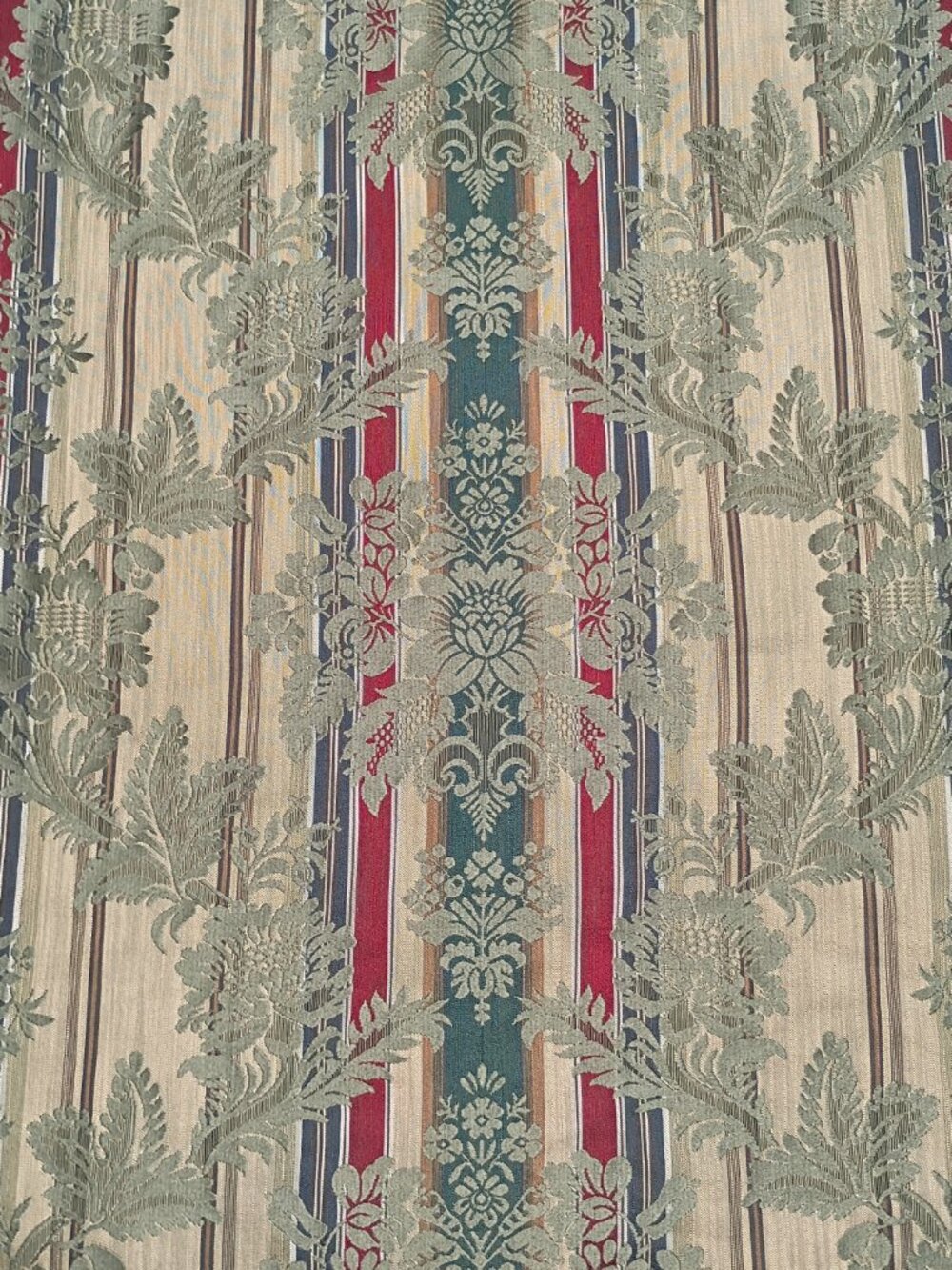 10 Yards Satin Jacquard Upholstery Fabric Green Beige Red Floral Stripe Vintage